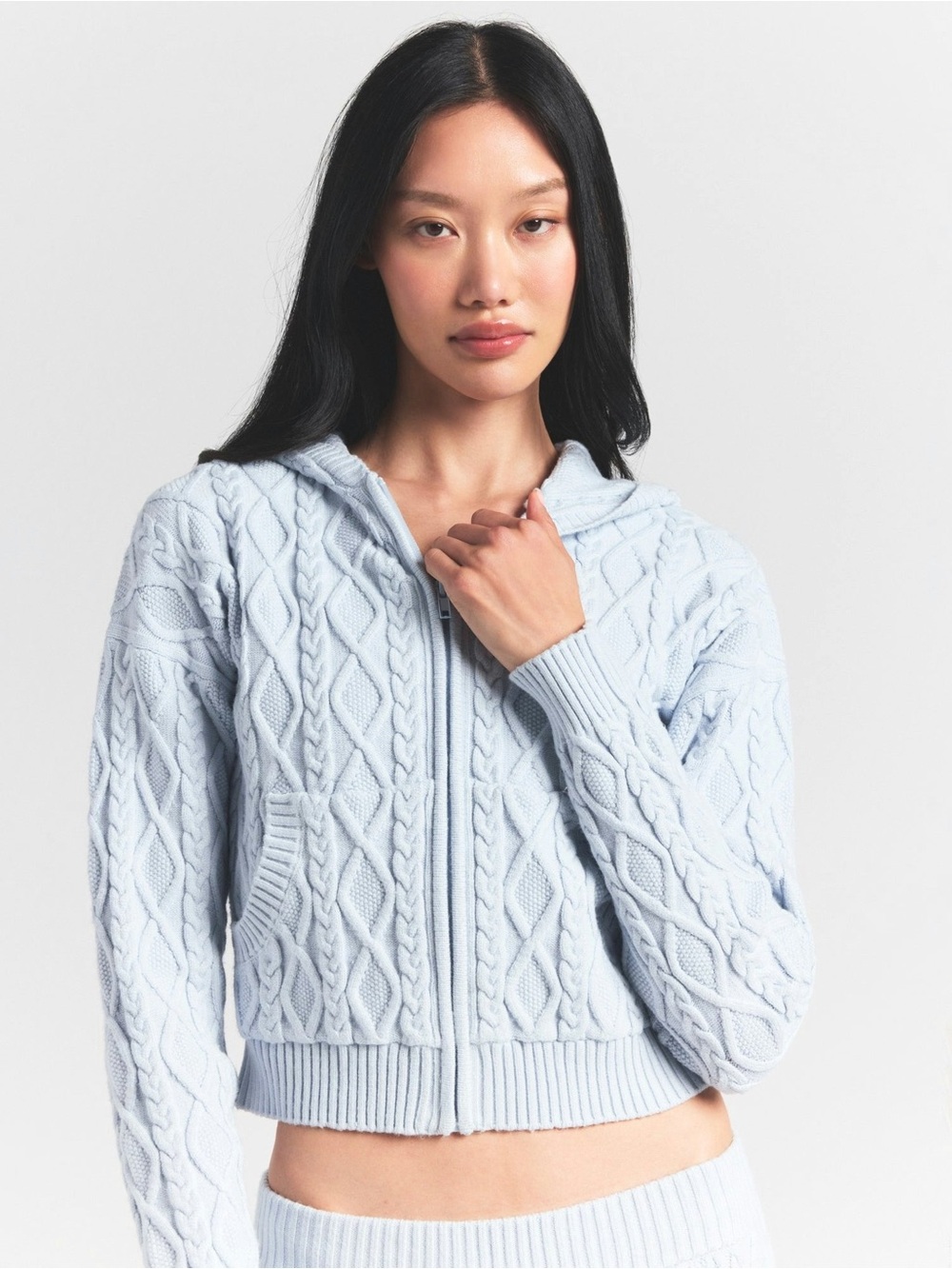SKIMS SWEATER KNITS CABLE KNIT SHRUNKEN ZIP UP HOODIE ZEN BLUE